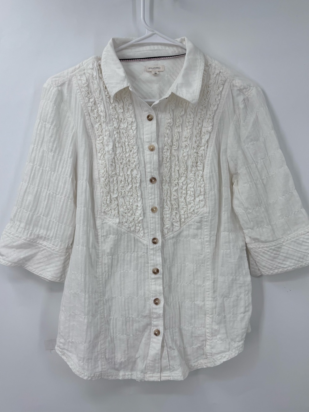 Pilcro White Textured Ruffle-Front Button Down Shirt